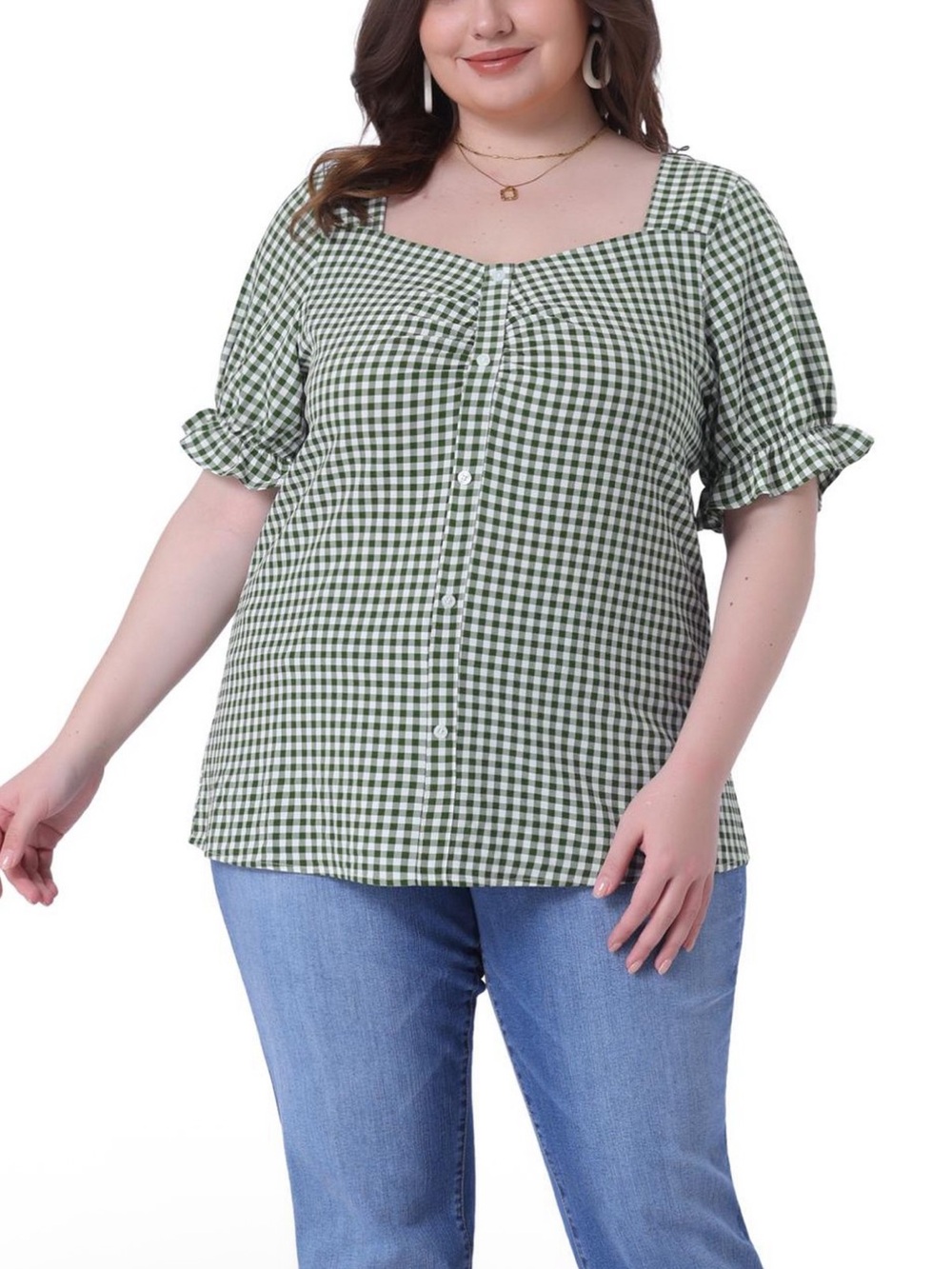 Agnes Orinda Plus Size 4X Dark Green Gingham Sweetheart Neck Blouse Cottagecore